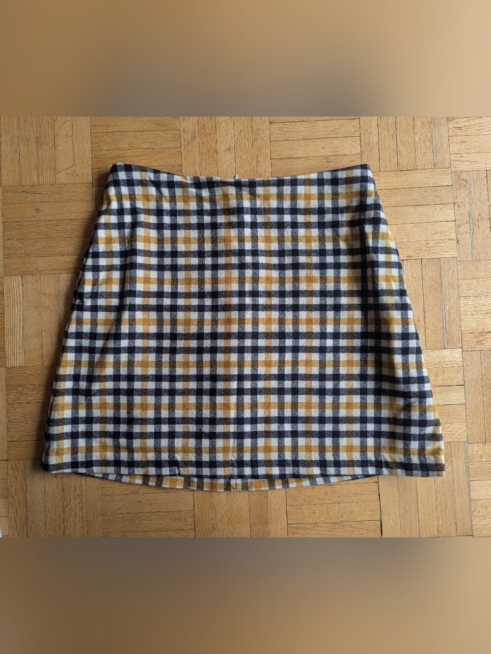 Aritzia Wilfred Wool Blend Checked Mini Skirt in Mustard, Black & Cream